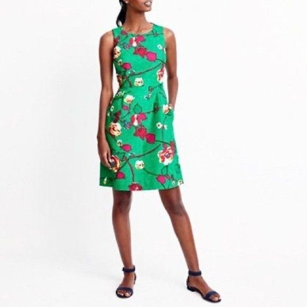 J.Crew 100% Cotton Sleeveless Dress – Green with Bright Pink Flowers – Size 6